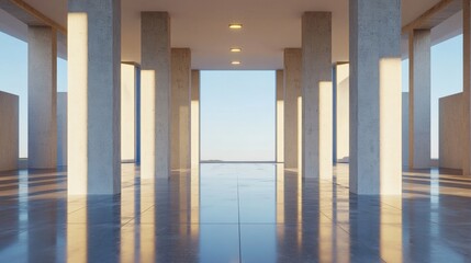 Fototapeta premium Sunlit Modern Architecture Concrete Columns Hallway