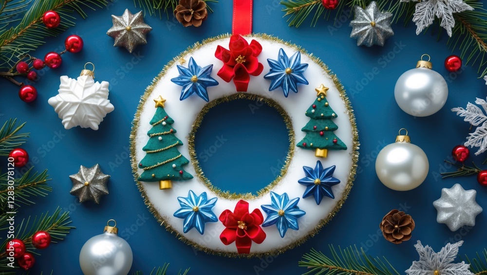 Poster advent wreath adorned with festive ornaments on a blue background, showcasing a delightful arrangeme