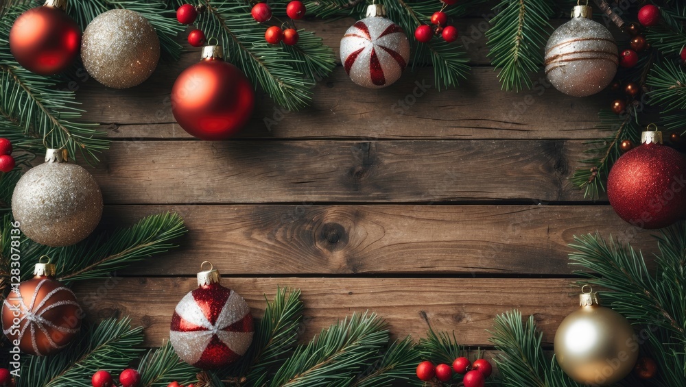 Aufkleber Christmas ornaments arranged with pine branches and red berries on a rustic wooden background creating a festive holiday atmosphere.