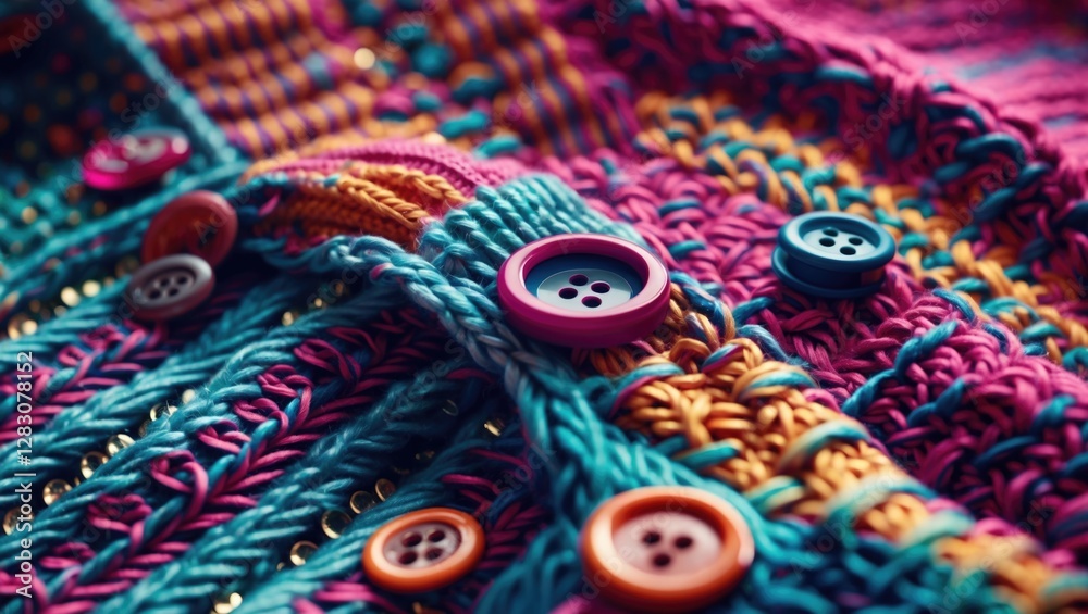 Aufkleber colorful knit sweater detail featuring vibrant buttons and intricate patterns showcasing textile cra