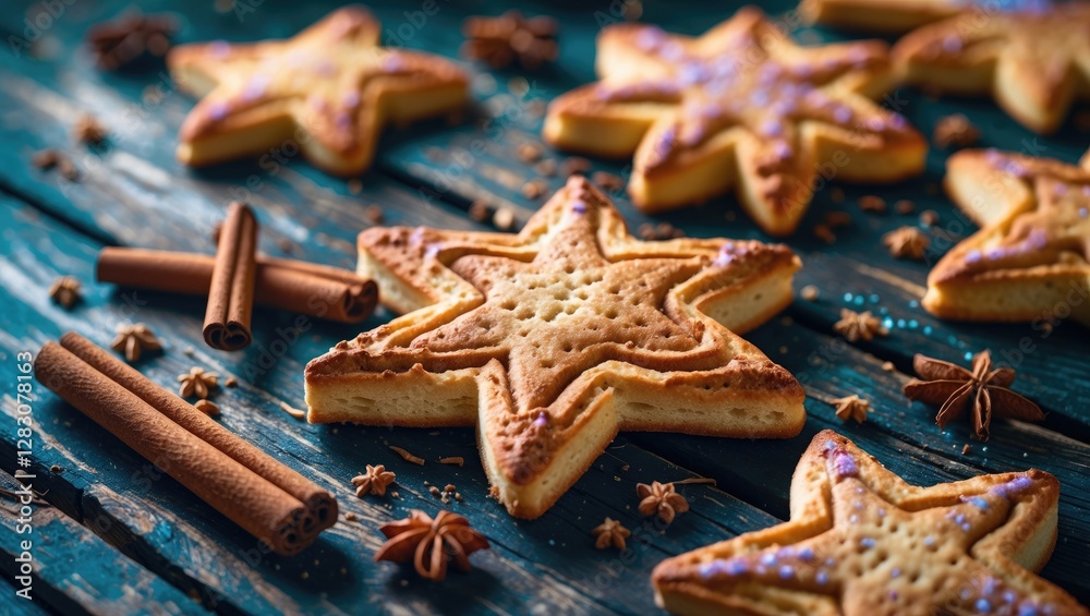 Aufkleber cinnamon star biscuits arranged on rustic wooden table with cinnamon sticks and star anise creating 