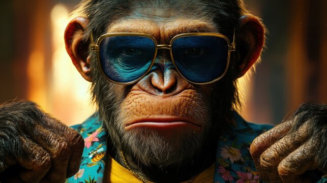 Close-up of a monkey in a floral jacket, yellow t-shirt, and oversized blue sunglasses. The monkeypaws are raised playfully, accessorized with a gold pendant necklace, set against a soft,  - Powered by Adobe