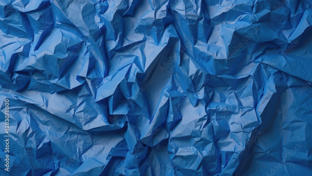 Poster crumpled blue paper texture background with intricate folds and shadows creating depth and dimension