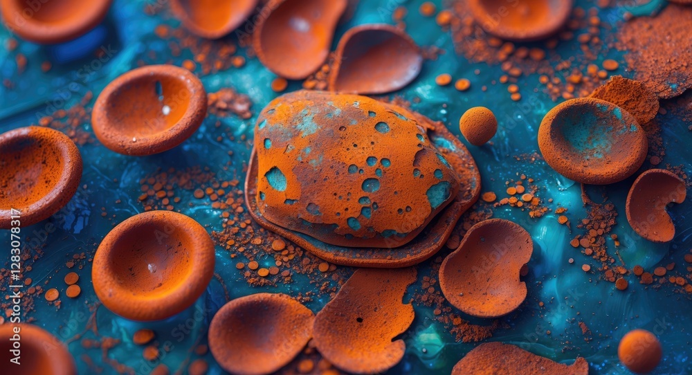 Poster Abstract macro photography of vibrant rust patterns and textures on metal surfaces showcasing intricate details and rich colors.