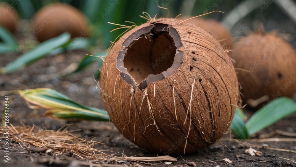 Poster close-up of a damaged coconut with a hole on the ground surrounded by foliage highlighting wildlife 