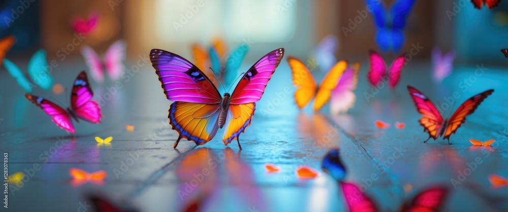 Aufkleber Vibrant butterflies in motion on a textured floor with selective focus, creating a surreal and colorful atmosphere.