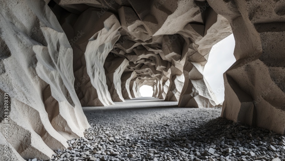 Poster Abstract tunnel pathway with textured rocky walls leading into bright light, creating a sense of depth and perspective in a serene environment.