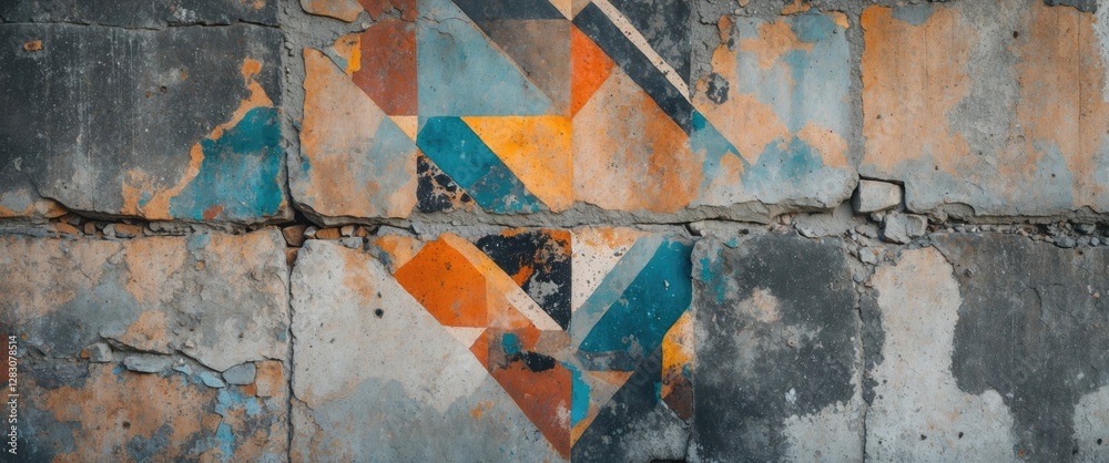 Poster closeup of vibrant abstract geometric patterns on a weathered concrete wall showcasing textures and 