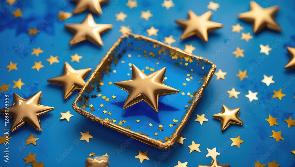 Poster classic blue background with golden star confetti creating a festive atmosphere for celebrations and