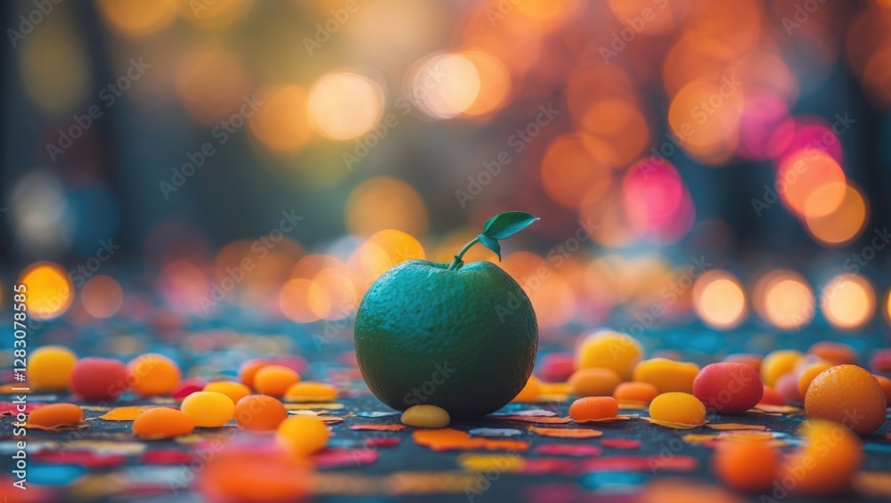 Aufkleber Vibrant green fruit surrounded by colorful candy on a blurred bokeh background creating a lively and cheerful ambiance.