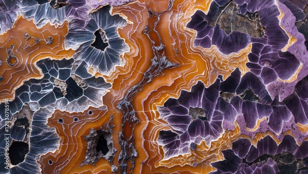 Poster Polished dendritic rhyolite slab showcasing intricate patterns and vibrant colors typical of this unique igneous rock from Mexico
