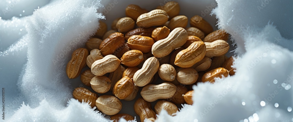 Aufkleber Boiled peanuts nestled in snow contrasting with a bright white background showcasing their unique texture and color.