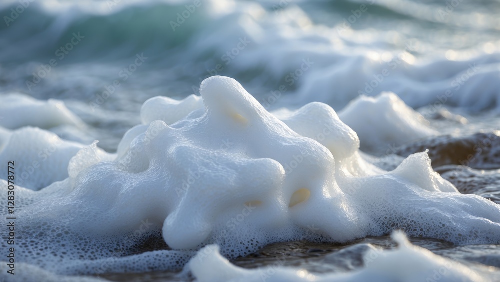 Poster closeup of textured white sea foam gently resting on a sandy beach shore with waves rolling in the b