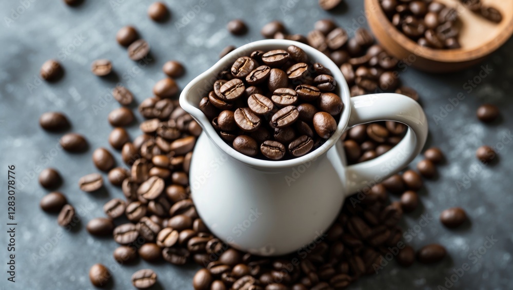 Leinwandbilder freshly roasted coffee beans spilling from a white jug on a textured surface with scattered beans cr
