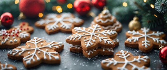 Gingerbread cookies in snowflake shape with white icing on dark background with Christmas decorations and lights