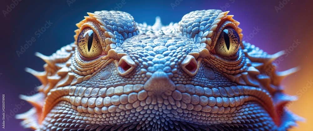 Poster close up of a central bearded dragon showcasing intricate textures and vibrant colors in the eye and