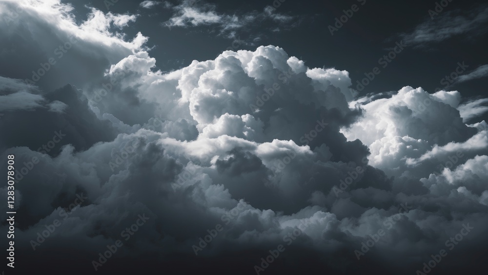 Poster Dramatic dark clouds with intricate textures against a black backdrop in an abstract atmospheric composition.