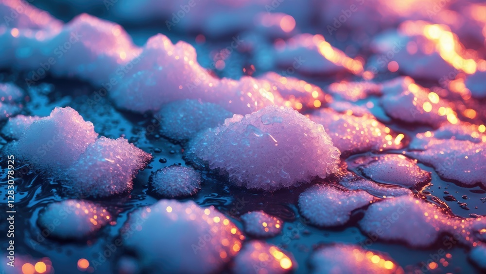 Aufkleber Melting snow texture with colorful reflections and droplets highlighting intricate patterns and soft contours on a reflective surface.