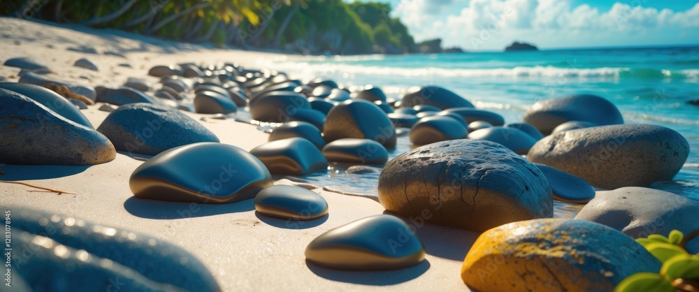 Poster close up of smooth polished stones on a sunlit tropical beach with gentle waves and greenery in the 