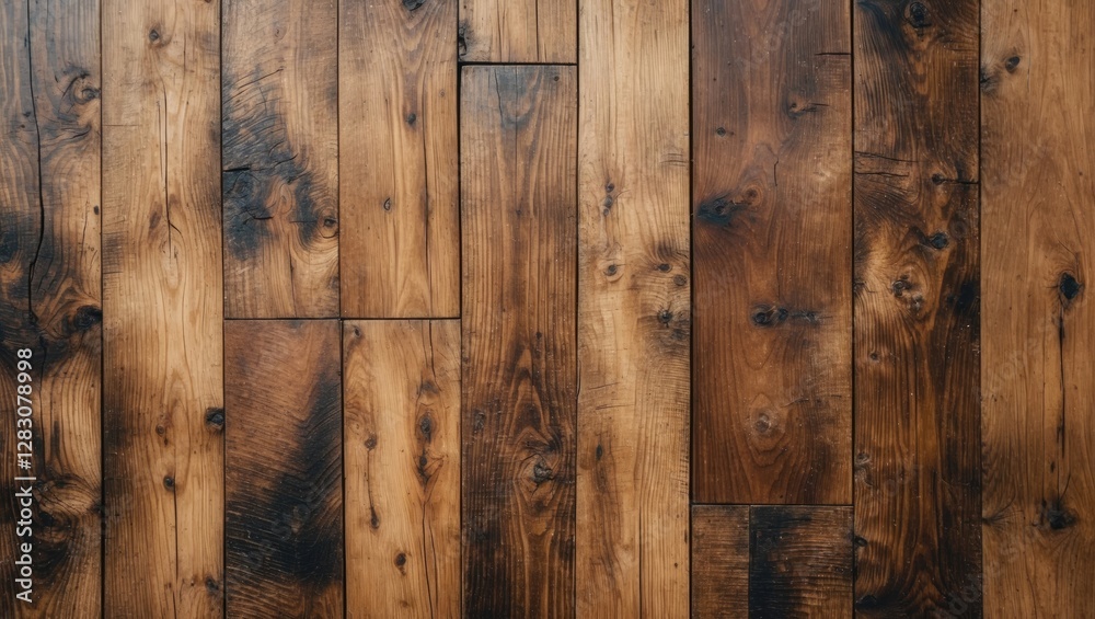 Aufkleber Close up view of a rustic wooden floor featuring natural grain patterns and textures ideal for backgrounds and design projects.