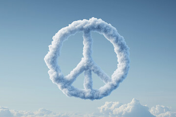 Obraz premium Peace Sign Cloudscape: A serene composition featuring a peace sign artfully crafted from soft, fluffy clouds against a backdrop of a clear, boundless sky, evoking a sense of tranquility and hope.