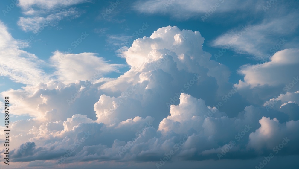 Poster fluffy white clouds against a clear blue sky creating a serene and tranquil background for nature or