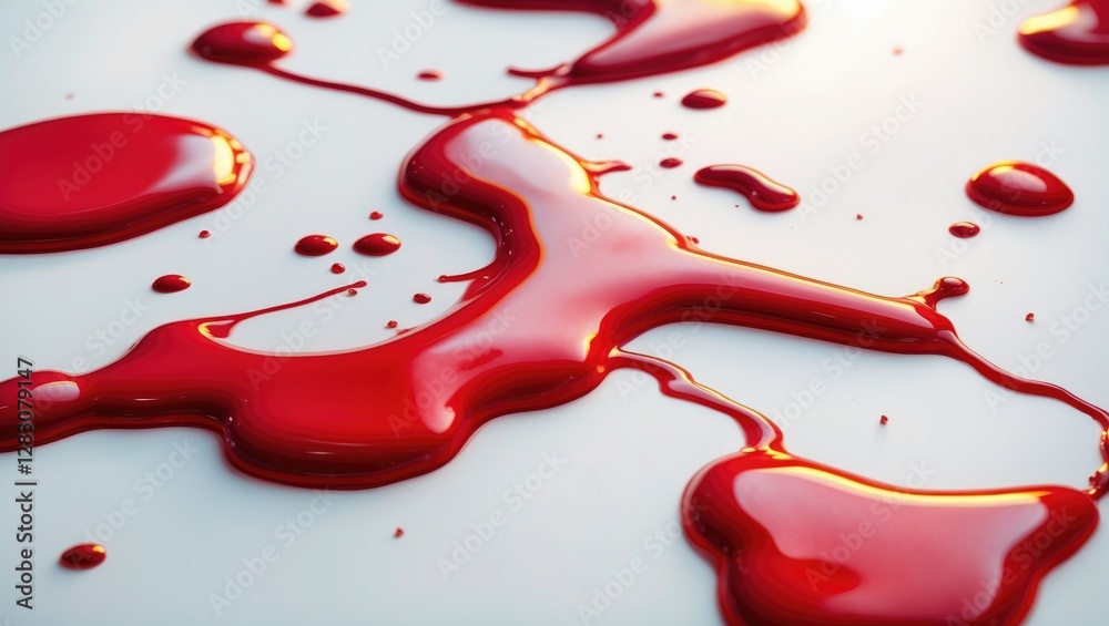 Aufkleber Close up of vibrant red paint dripping on a smooth white surface creating abstract artistic patterns and textures in a creative environment