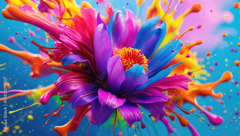 Poster vibrant abstract flower explosion with paint splashes in bright colors showcasing dynamic creativity