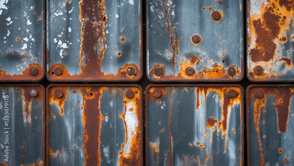 Poster rusty metal panels with weathered surfaces showcasing a blend of textures and colors in an industria