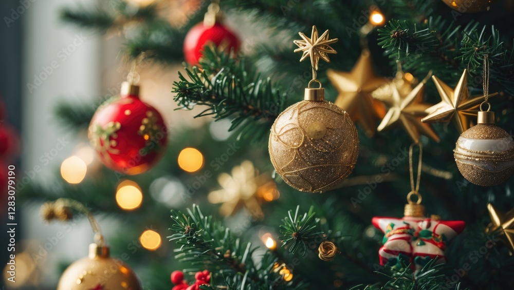 Poster close-up of colorful christmas ornaments on a festive tree creating a cheerful holiday atmosphere wi