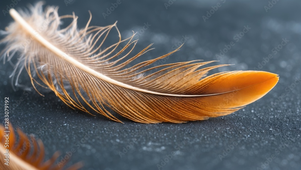 Poster delicate closeup of a vibrant orange feather showcasing intricate details against a dark background 