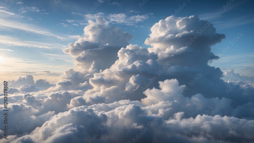 Poster Majestic clouds of unique shapes illuminated by soft sunlight against a clear blue sky creating a serene and tranquil atmosphere.