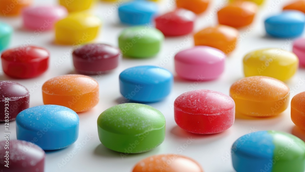 Poster vibrant assortment of round candies in various colors arranged on a white background perfect for des