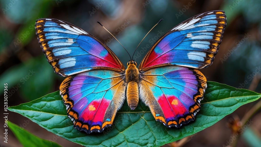 Poster vibrant butterfly perched on lush green leaf showcasing intricate patterns and bright colors in a na