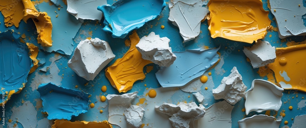 Aufkleber Colorful paint texture with large chunks and drips against a blue background showcasing artistic and abstract design elements.