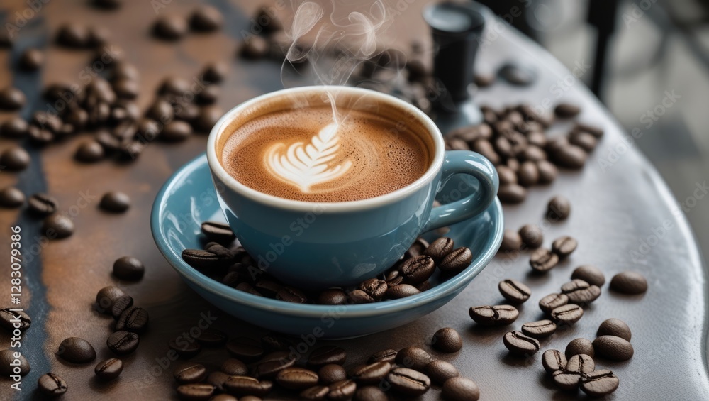 Poster Steaming latte art in a blue cup surrounded by coffee beans on a rustic table setting perfect for cafÃ© or food photography.