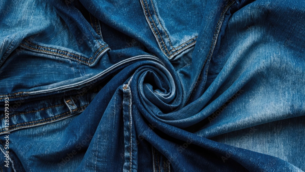 Poster Close up of blue denim fabric showcasing intricate textures and patterns in a swirl formation for fashion and textile design applications.