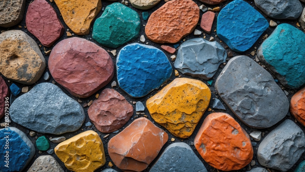 Poster Vibrant colored cobblestones with intricate textures ideal for backgrounds in design and creative projects