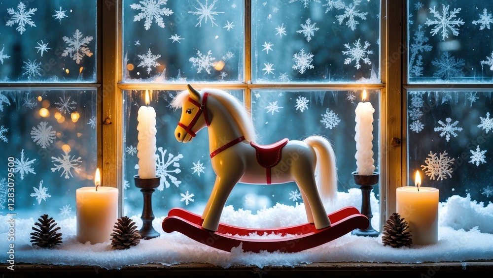 Poster winter holiday scene showcasing a decorative rocking horse and candles against a frosty window adorn