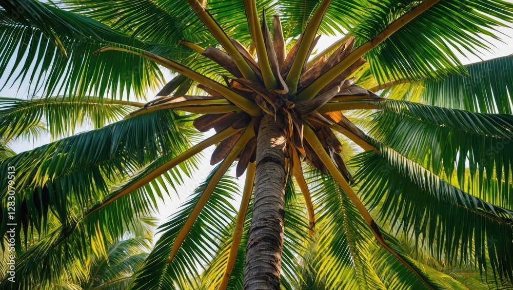 Poster coconut tree canopy from below with lush fronds and sunlight filtering through leaves