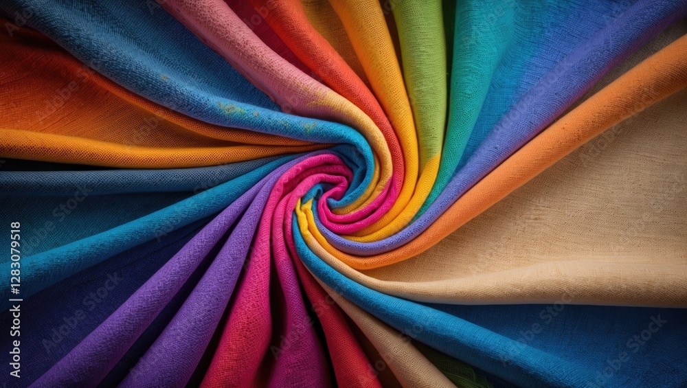 Aufkleber Vibrant multi-colored fabric swirl creating an artistic textile background for creative projects and design uses.