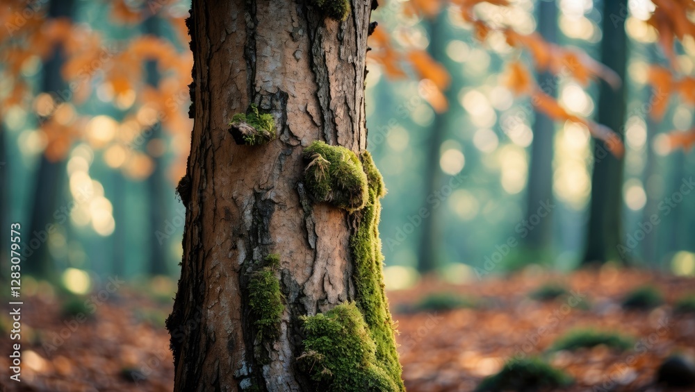 Aufkleber Close-up of a moss-covered tree trunk in a serene forest with a soft blurred background of autumn leaves and greenery.