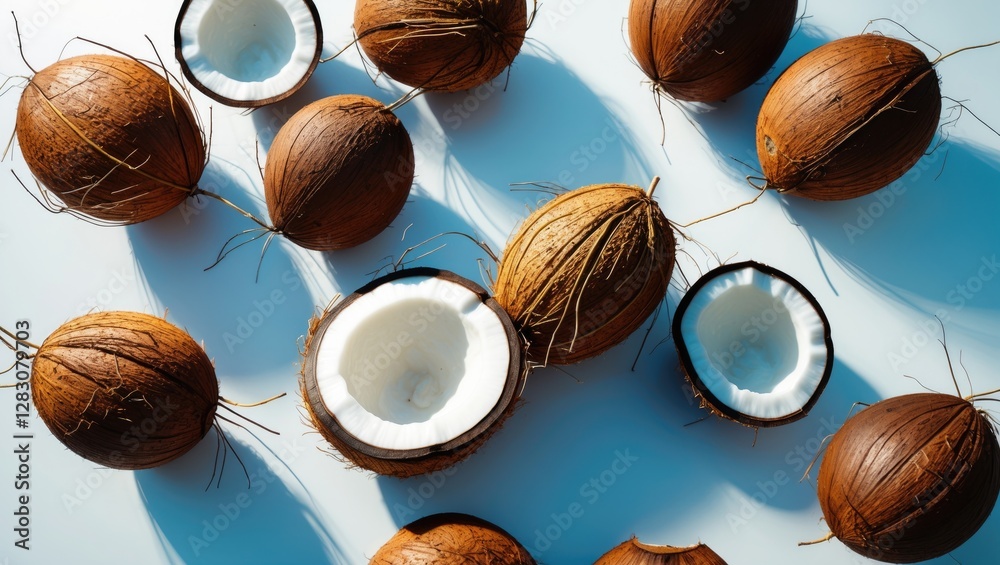Poster fresh coconuts and coconut halves arranged aesthetically on light background showcasing tropical fru
