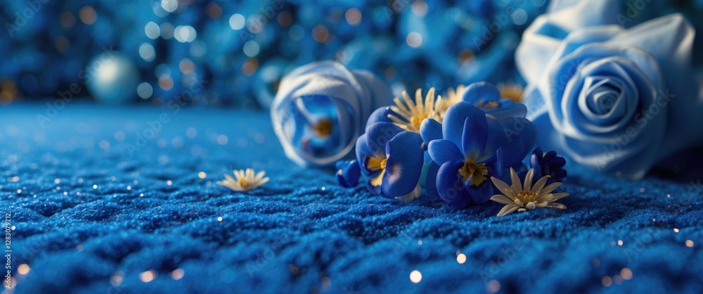 Poster blue carpet texture adorned with delicate flowers and roses, creating a serene and elegant backdrop.