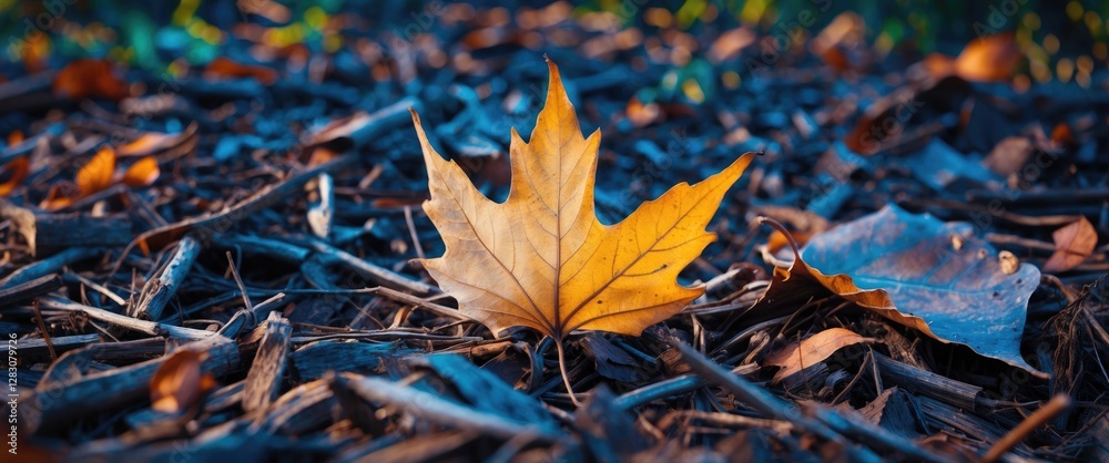 Poster Close up view of a vibrant dry leaf resting on dark mulch with a soft blurred background showcasing autumn foliage.