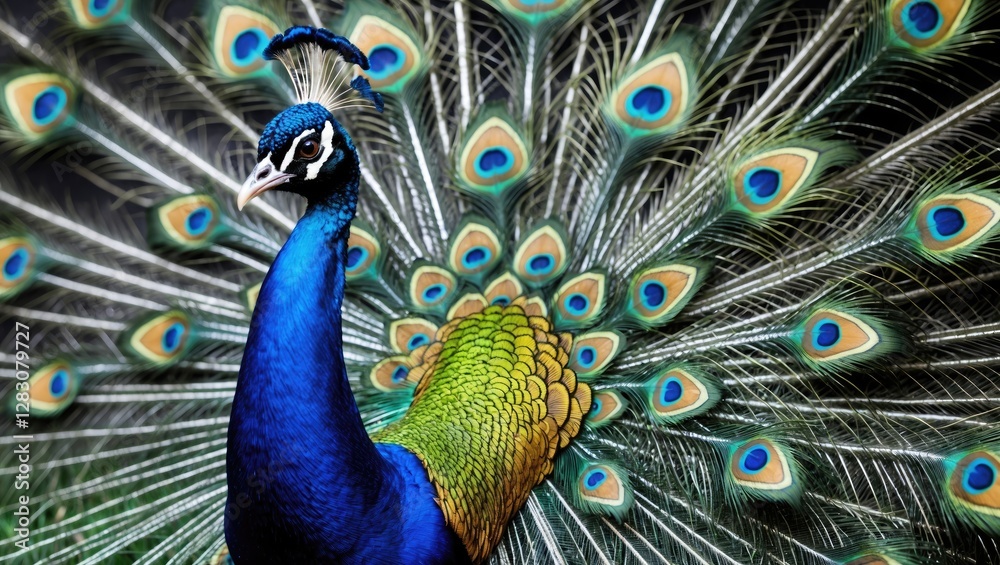 Poster male peacock showcasing vibrant tail feathers in a stunning close-up display of colors and patterns 