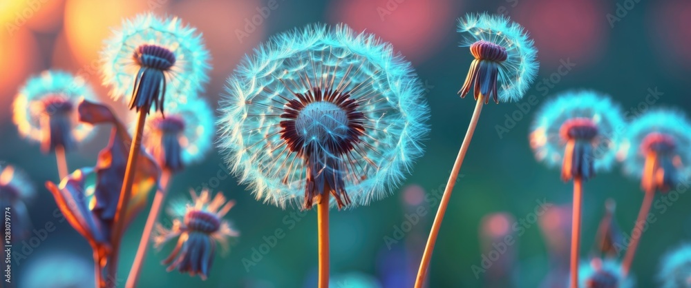 Poster close-up shot of illuminated dandelions with soft focus in a vibrant natural setting