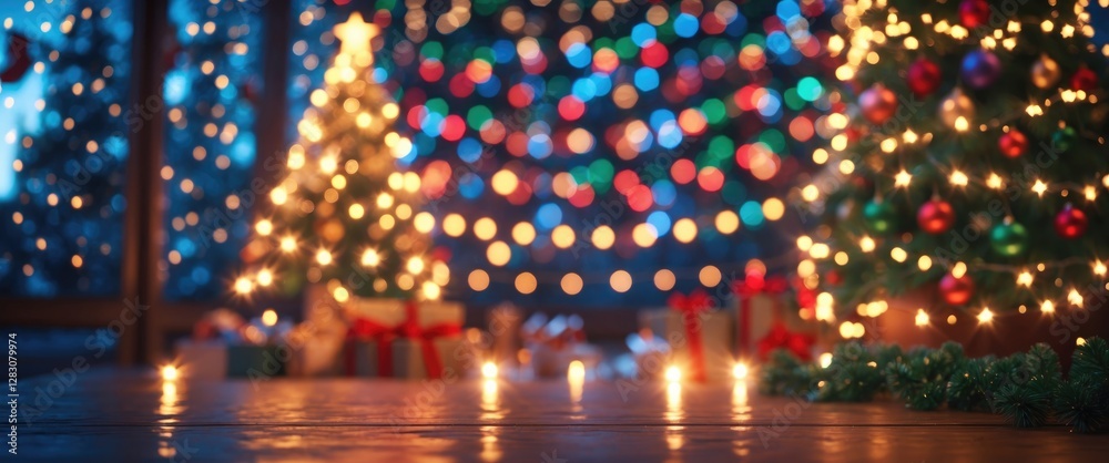 Poster festive holiday background with shimmering christmas lights and blurred bokeh effect featuring decor