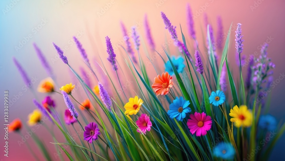 Poster vibrant gradient background with colorful flowers and soft-blurred textures ideal for postcards, inv