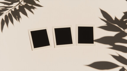 Vintage Memories: A trio of blank instant photographs sits bathed in the soft light of a tranquil afternoon, their frames accented by the delicate shadows of nearby leaves.